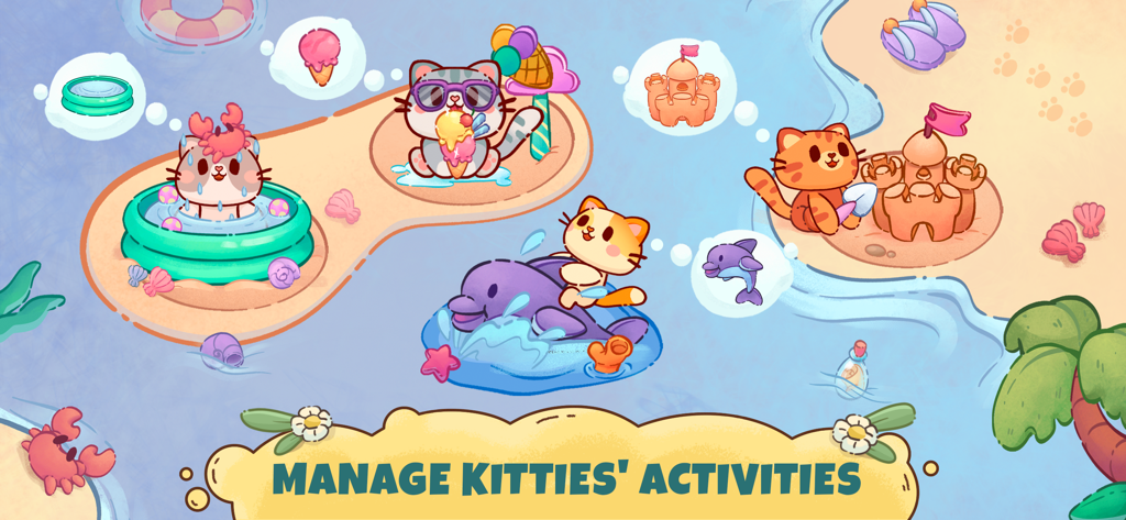 Cartoon kittens enjoying various beach activities including swimming and building sandcastles