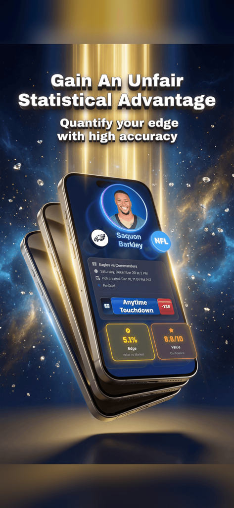 DeepChamp AI: Sports Betting - Interfaz de la aplicación DeepChamp AI mostrando una ventaja estadística y una puntuación de confianza de valor para una apuesta de prop de jugador de la NFL.