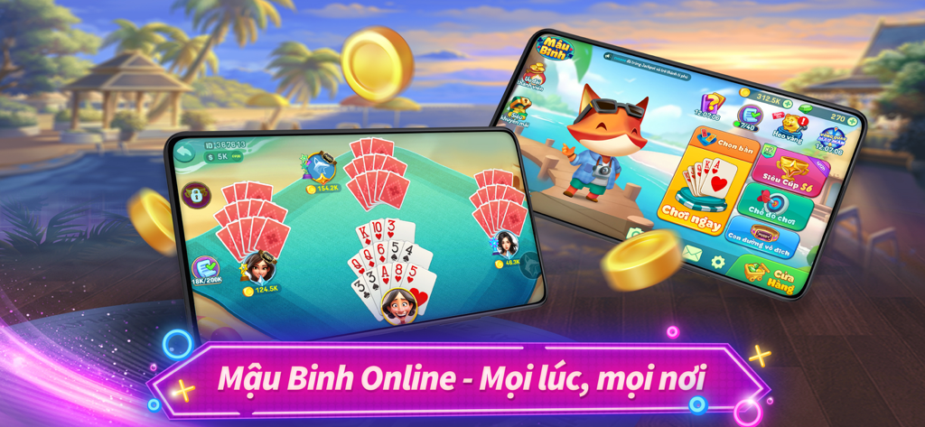 Mậu Binh Xập Xám Pro ZingPlay - Two mobile screens displaying the Mau Binh Xap Xam card game interface with beach theme and fox character mascot