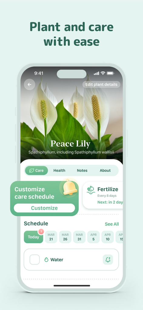 Peace Lily plant profile showing care reminders and schedule in the Blossom app