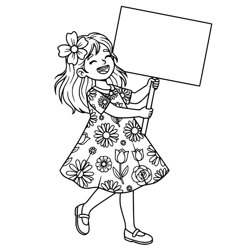 girl happy holding a blank sign wearing shoes and a flower dress