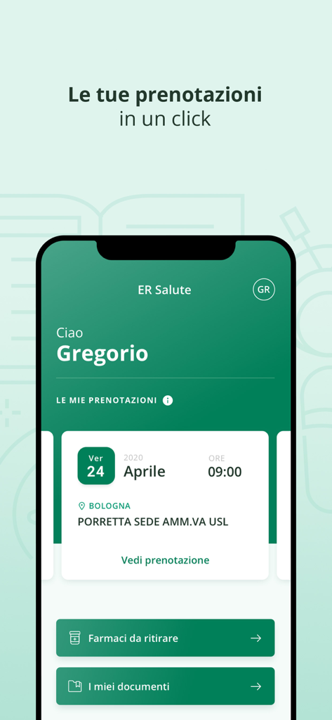 A screenshot of the ER Salute mobile app showing a scheduled medical appointment and health document management options