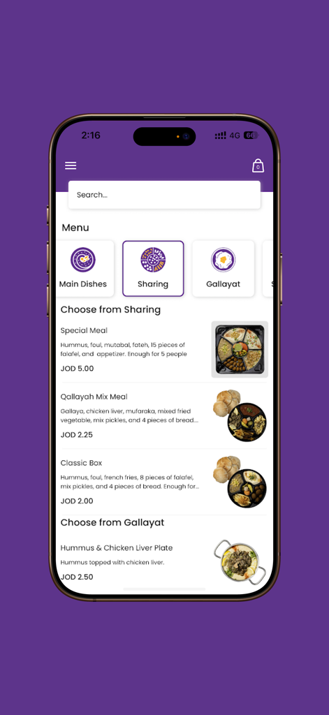Nidal Al Kalha - Nidal Al Kalha app menu showing authentic Jordanian sharing meal options and gallayat dishes with prices