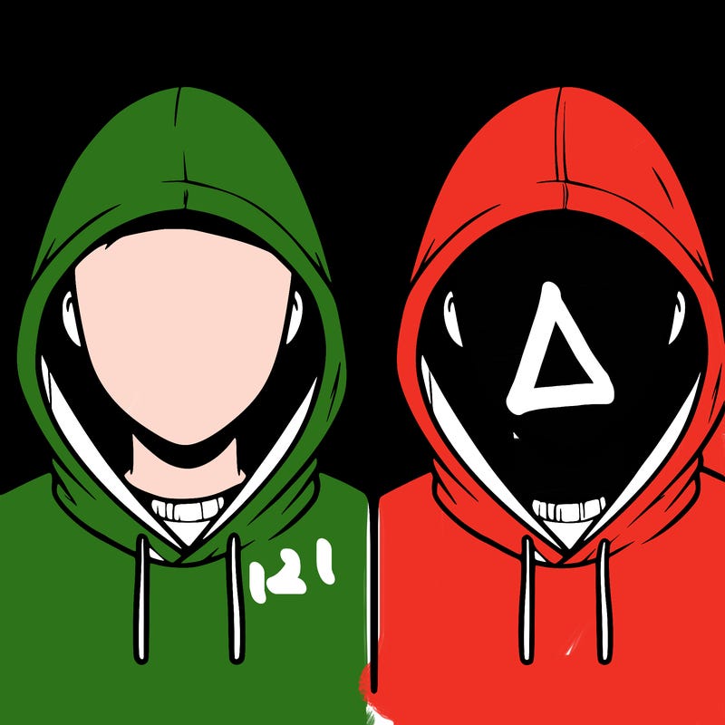 a person with a hoodie and no face, the drawing is split in 2