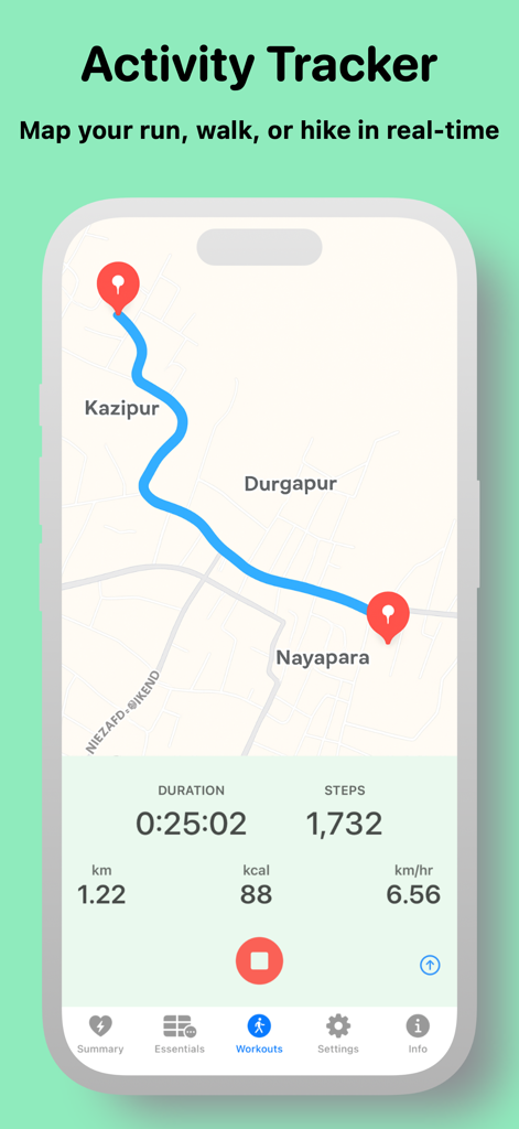 Vital Signs: My FitWidget - Vital Signs app activity tracker showing a real-time workout route on a map with metrics like steps and calories