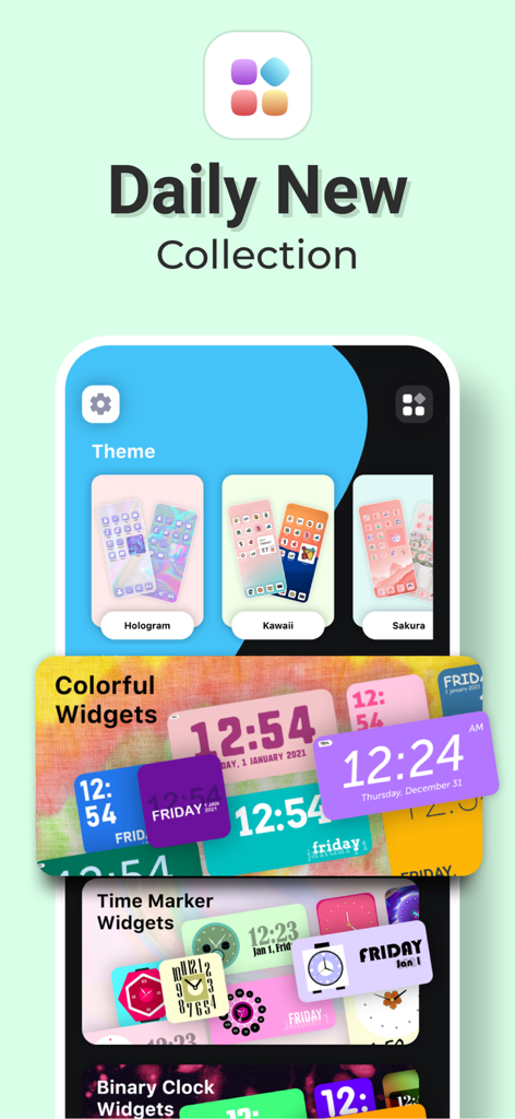Color Widgets - Wallpapers - Una muestra de varios temas coloridos y widgets personalizados dentro de la aplicación Color Widgets.