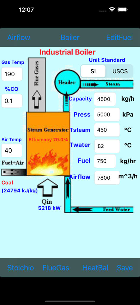 Oberfläche zur Berechnung der industriellen Kesseleffizienz, die technische Daten und ein schematisches Diagramm zeigt