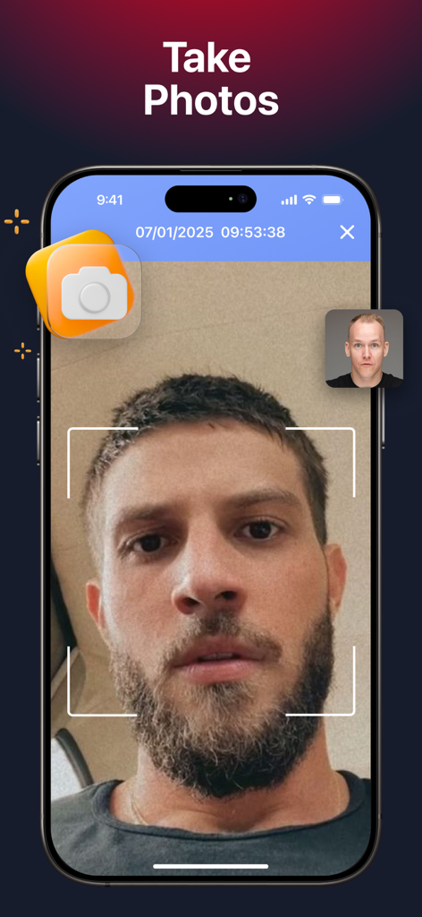 WTMP - Who Touched My Phone + - WTMP app interface showing a front-camera photo capture of a person who accessed the phone