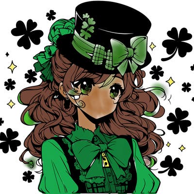 a manga-style girl with clovers around her, a little hat in her hair, like it's saint patrick's day