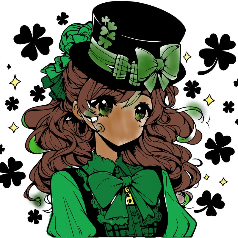 a manga-style girl with clovers around her, a little hat in her hair, like it's saint patrick's day
