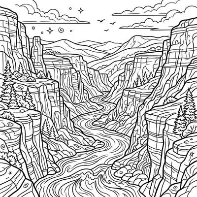 Immerse yourself in the dramatic beauty of nature with this river canyon coloring page. Featuring majestic rock formations and a powerful winding river, it promises a truly captivating artistic experience.