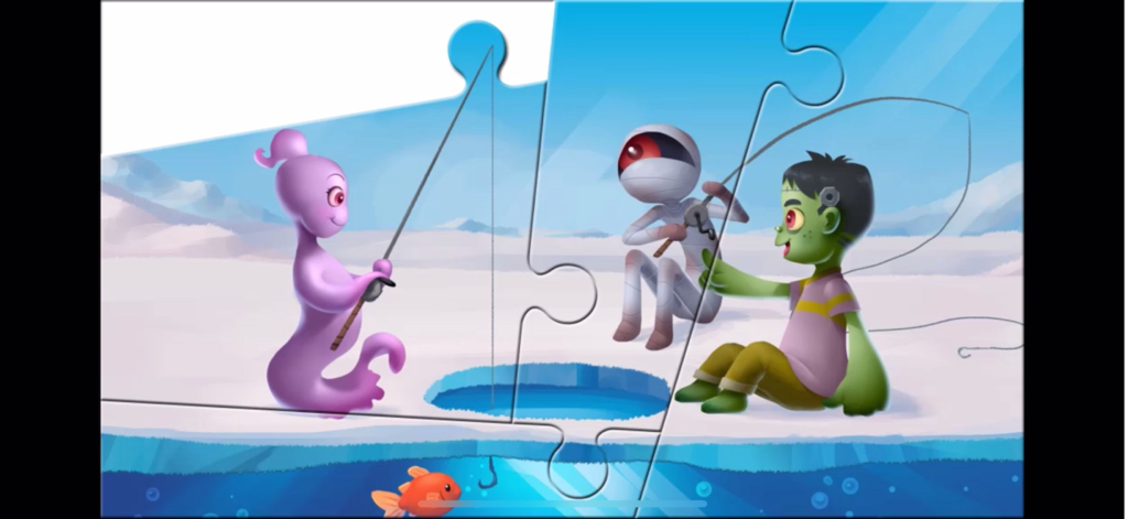 Trilo Stavar - Characters Spooka Frank and Sling ice fishing in a jigsaw puzzle reward scene from the Trilo Stavar app