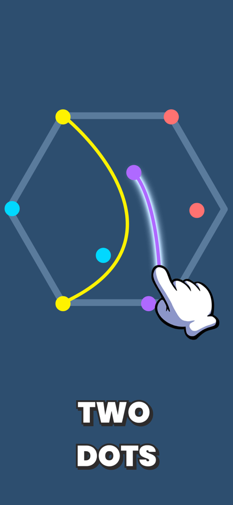 Interfaz del juego de rompecabezas Two Dots donde una mano conecta puntos púrpuras.