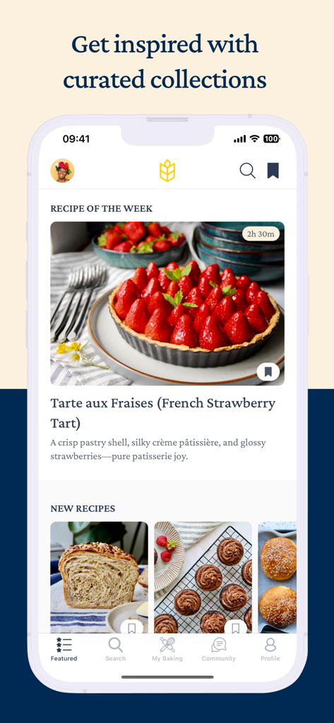 Mobile app interface showing curated baking collections with a featured strawberry tart recipe and new bread recipes.