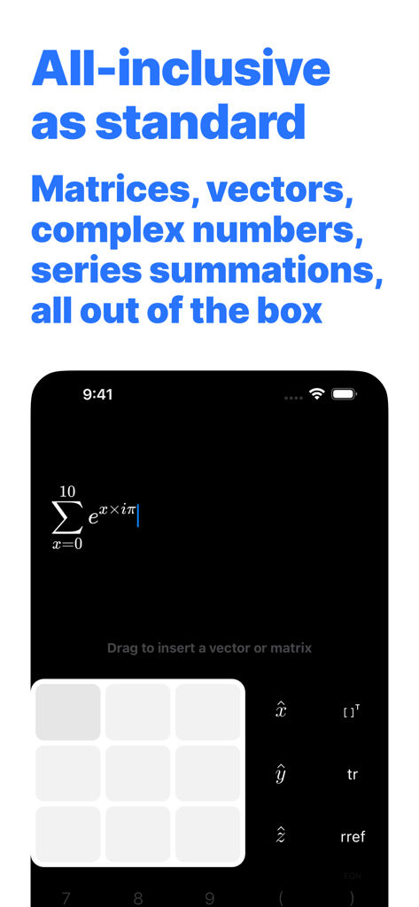 TechniCalc scientific calculator interface displaying advanced math functions including summation and matrix input in dark mode