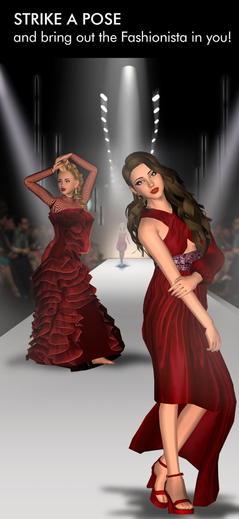 Two models posing in elegant red evening gowns on a fashion show runway with bright spotlights.