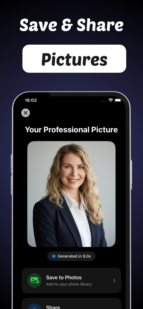 ビジネススーツを着た女性のAI生成プロフェッショナル顔写真が表示され、画像を保存または共有するオプションを示すPRTRXアプリのスクリーンショット。