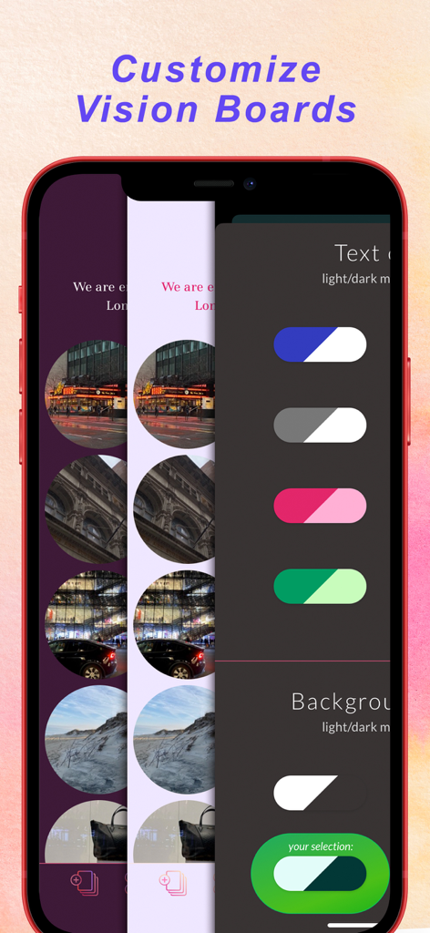 Vision Board Manifestation - Interfaz móvil de la aplicación Manifestación con Tablero de Visión que muestra opciones de personalización para colores de texto y fondo.