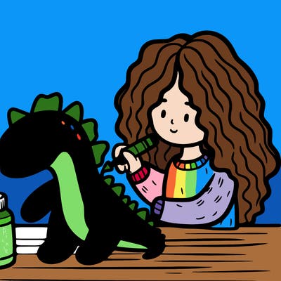 moriah elizabeth painting a green dinosaur plushie