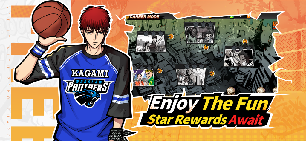 Anime basketball character in a blue jersey holding a ball in front of the career mode reward screen