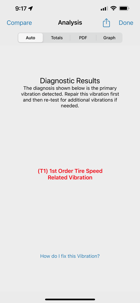 タイヤ速度に関連する振動が検出されたことを示すNVHアプリの診断結果画面