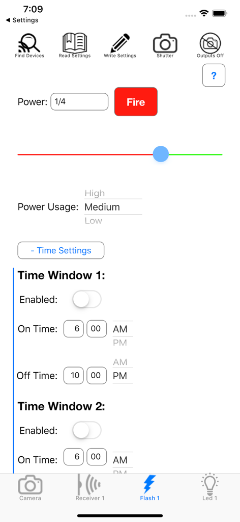 Interface do aplicativo Scout Cam Control mostrando a potência do flash e as configurações de janela de tempo para armadilhas fotográficas remotas