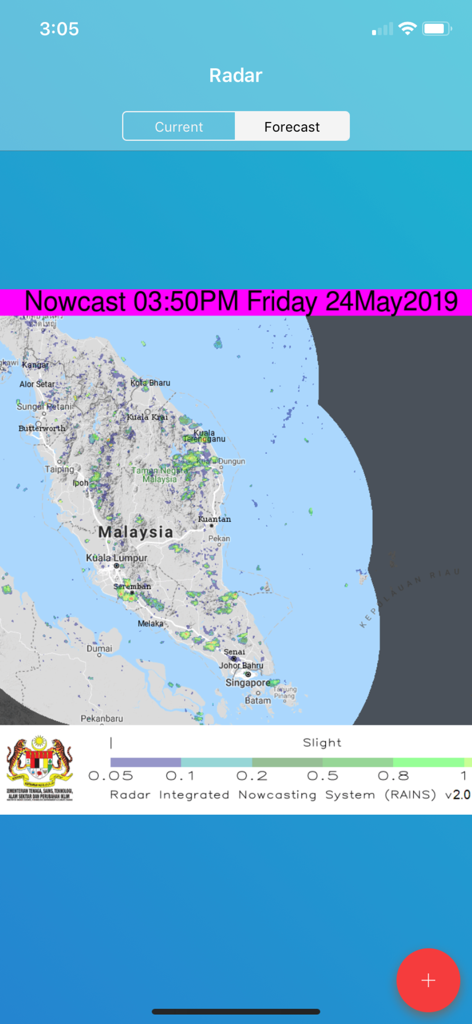 myCuaca - Real-time weather radar map of Malaysia on the myCuaca mobile app showing precipitation levels and nowcasting data