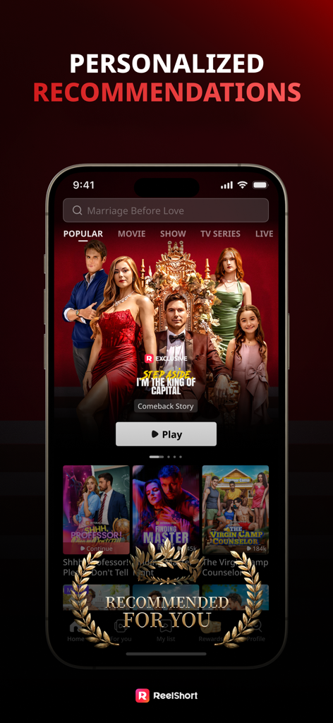 ReelShort - Stream Drama & TV - La interfaz de la aplicación ReelShort muestra recomendaciones de drama personalizadas con miniaturas de video verticales y títulos.