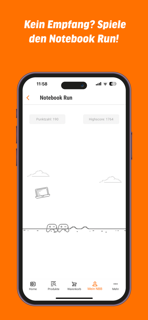 Minijuego Notebook Run dentro de la aplicación notebooksbilliger
