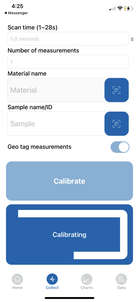 NeoSpectra Collect App - NeoSpectra Collect App Scan-Einstellungen und Kalibrierungsoberfläche