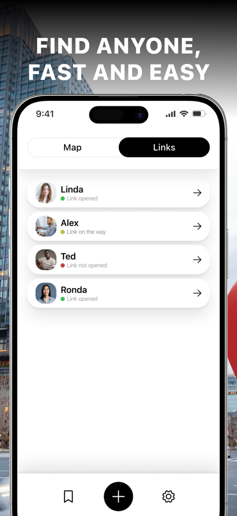 Geo Tug: GPS Track Location - Smartphone screen showing the Geo Tug app Links interface with a list of contacts and their location sharing status.
