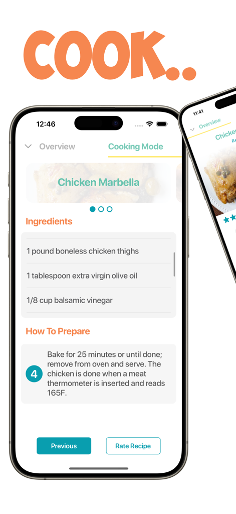 Real Plans - Meal Planner - Real Plans app cooking mode displaying ingredients and preparation steps for a chicken recipe.