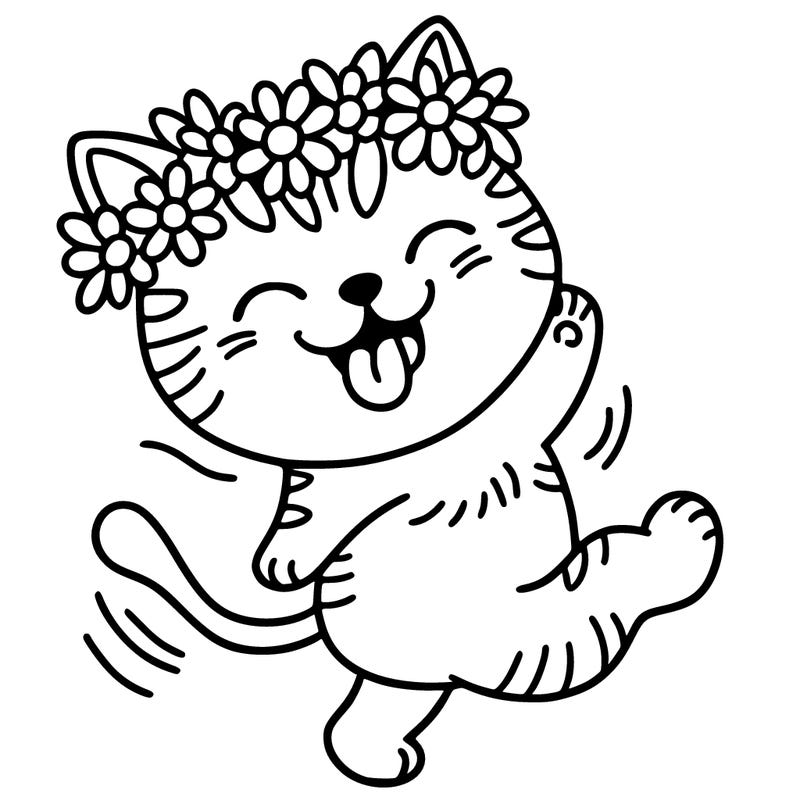 cat dancing with a flower crown and tongue out