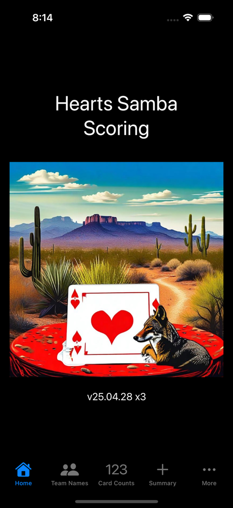 Hearts Samba Scoring - Pantalla de inicio de la aplicación Hearts Samba Scoring con un paisaje desértico con un coyote y una carta de As de Corazones