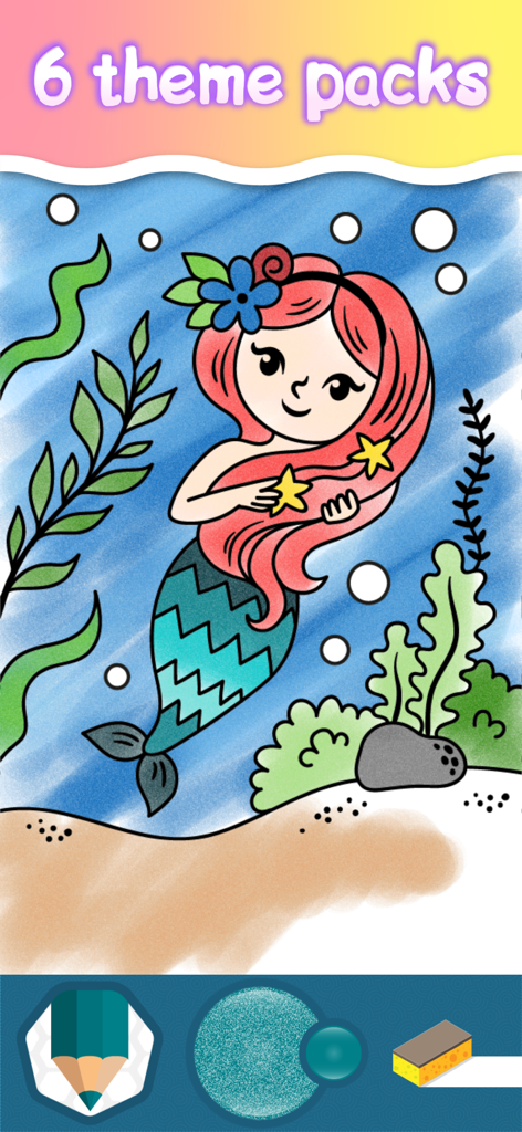 A mermaid coloring page from a mobile app featuring one of six theme packs with various tools like brushes and glitters.