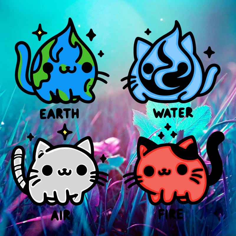 4 cats that represent the different elements, earth, water, air, and fire