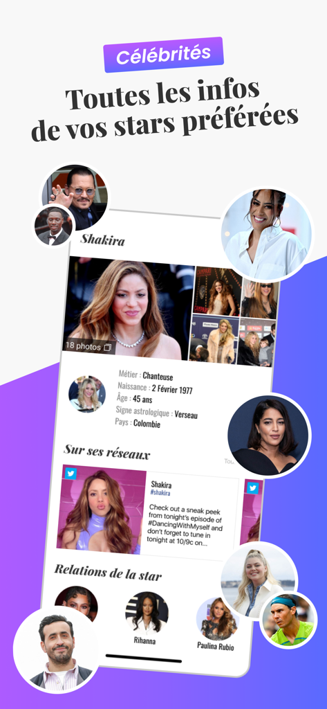 Purepeople © - Purepeople App-Oberfläche, die Promi-Profile und Unterhaltungsnachrichten mit Fotos von Stars wie Shakira zeigt