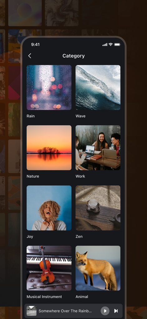 Interface of Musivibe app showing music categories like Rain Wave Nature and Zen for offline listening