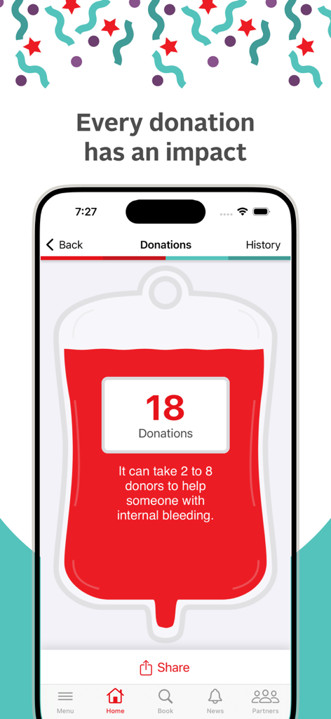 GiveBlood - GiveBlood app screen showing a donation counter of 18 donations within a blood bag graphic and a social impact message.