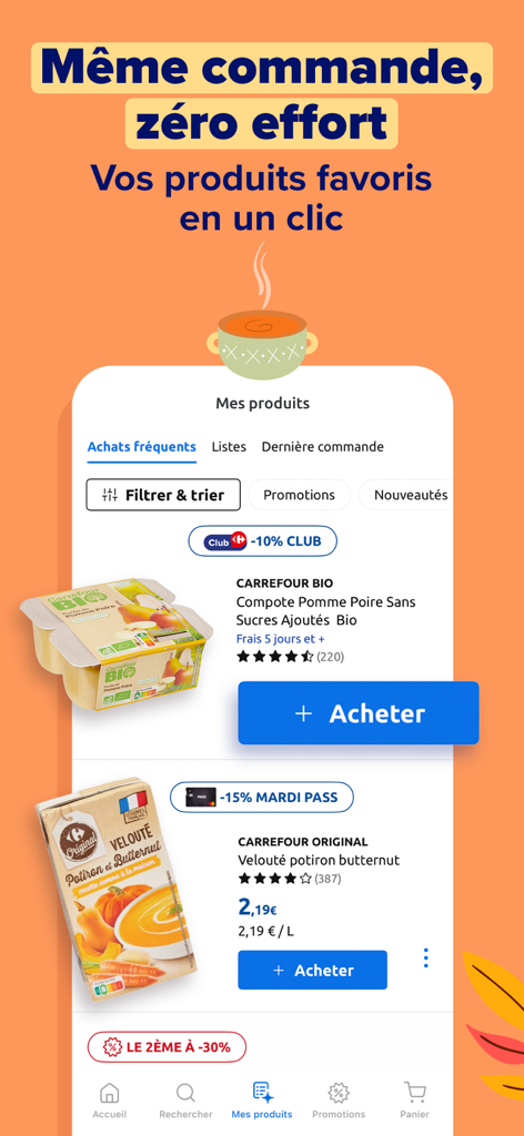 Carrefour & sa carte Club - Carrefour mobile app interface displaying a list of frequent purchases and favorite food products for quick reordering