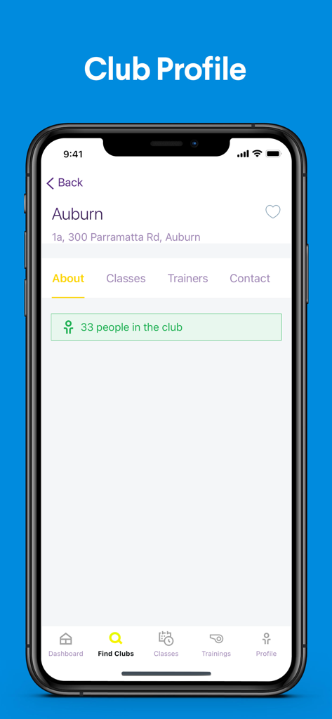 Planet Fitness AU - Aplicación móvil Planet Fitness AU mostrando el perfil del club para la ubicación de Auburn con asistencia en vivo al club
