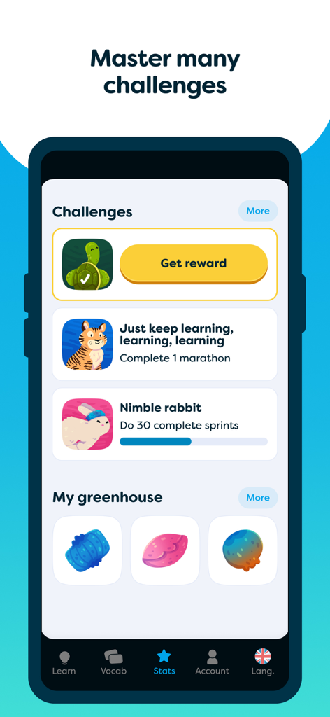 cabuu - Learn vocabulary - The cabuu app interface displaying learning challenges and rewards like the greenhouse