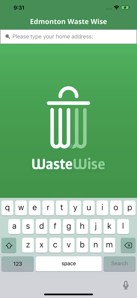 Edmonton Waste Wise - 쓰레기통 로고와 모바일 키보드가 있는 Edmonton Waste Wise 앱 주소 입력 화면