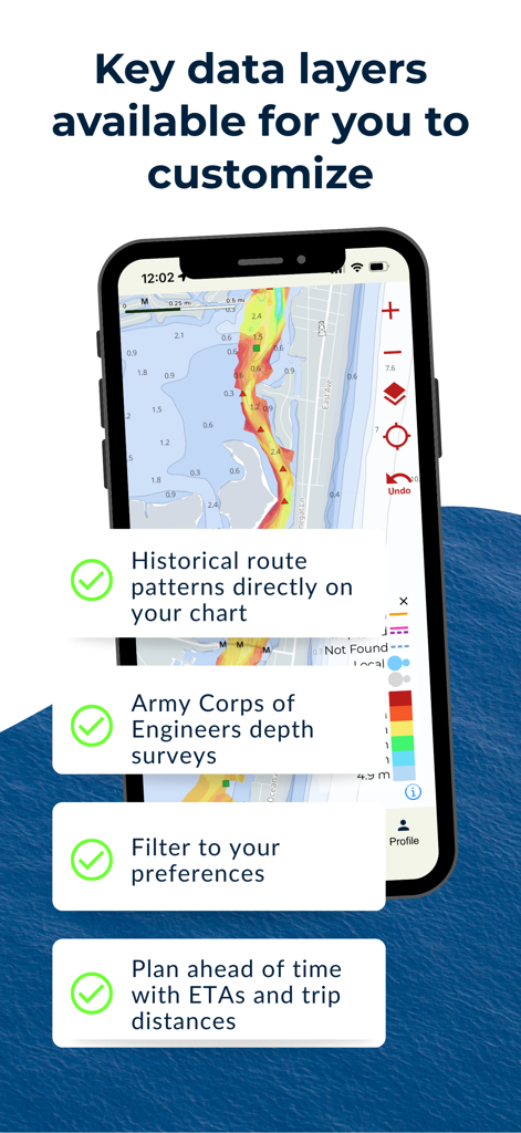 Ditch: Boat Navigation - Smartphone screen showing Ditch app with customizable nautical data layers and depth surveys on a marine chart.