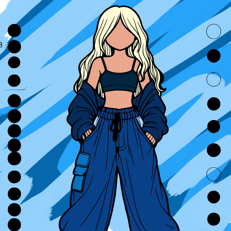 a girl with baggy pants and a crop top with long hair