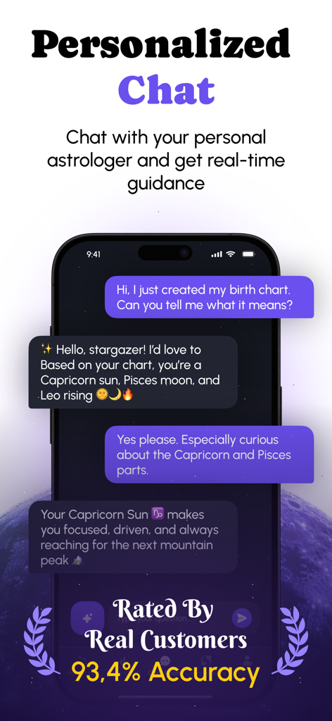 Starzen - Astrology & Tarot - A smartphone screen showing a personalized chat interface in the Starzen app where an astrologer explains a birth chart