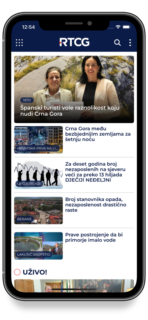 RTCG mobile App Startbildschirm zeigt Nachrichtenartikel und Schlagzeilen aus Montenegro