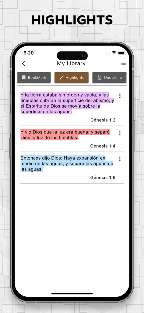 La Biblia de las Américas LBLA - Screenshot of the LBLA Bible app showing highlighted verses in the My Library section.