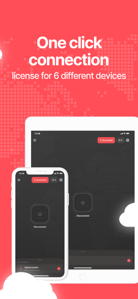 CloudVPN interface on iPhone and iPad featuring one click connection and multi device support.