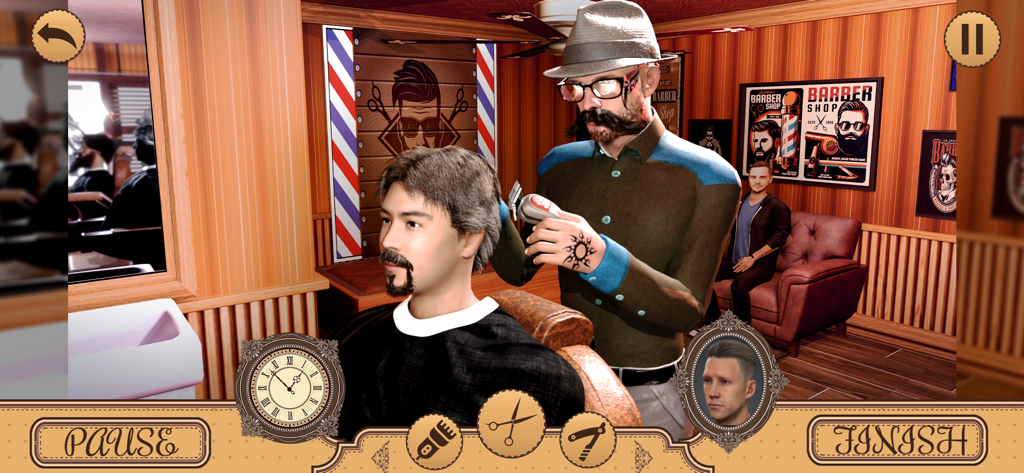 Barber games: Hair tattoo Shop - Un personaje de barbero usando cortadoras eléctricas en un cliente en una barbería virtual